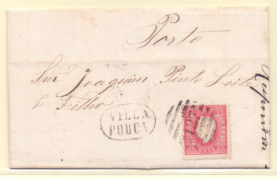 1435.jpg -     Lote:    1435            Portugal       Descrição:         Carimbo numéricos da 2.ª reforma. 1870/76 &mdash; D. Luís I. Fita direita. CE40, 25 reis em carta remetida de Vila Pouca de Aguiar (15.06.73) para o Porto. Carimbo numérico "127" e nominativo de VILLA POUCA.        Carta       Valor Base:     &euro; 10,00     Valor Venda:     &euro; 85,00     