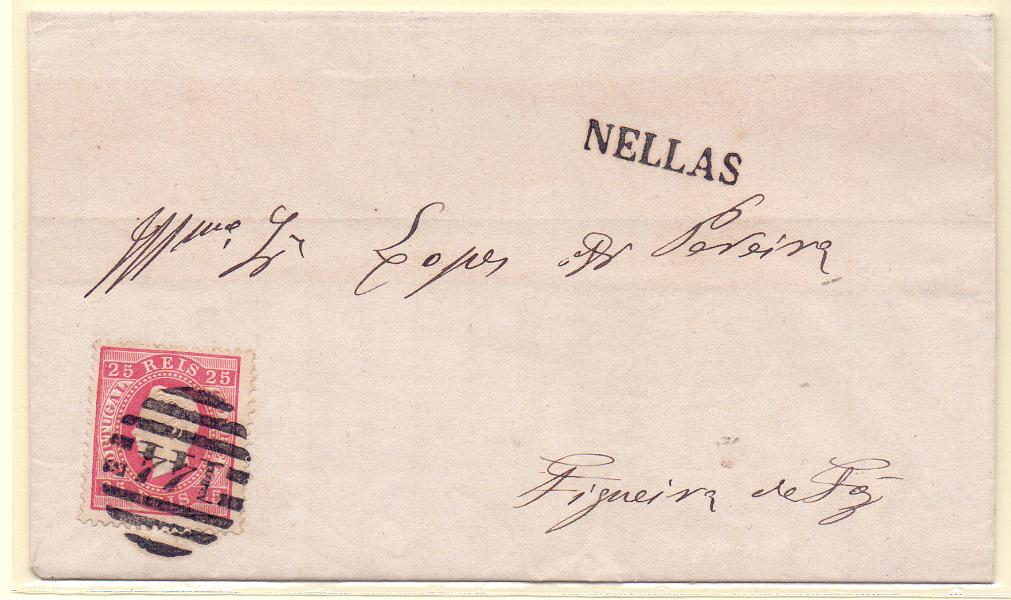 1440.jpg -     Lote:    1440            Portugal       Descrição:         Carimbo numéricos da 2.ª reforma. 1870/76 &mdash; D. Luís I. Fita direita. CE40, 25 reis em carta remetida de Nelas (05.02.75) para a Figueira. Carimbo numérico "144" e nominativo de NELLAS.        Carta       Valor Base:     &euro; 10,00     Valor Venda:     Retirado     