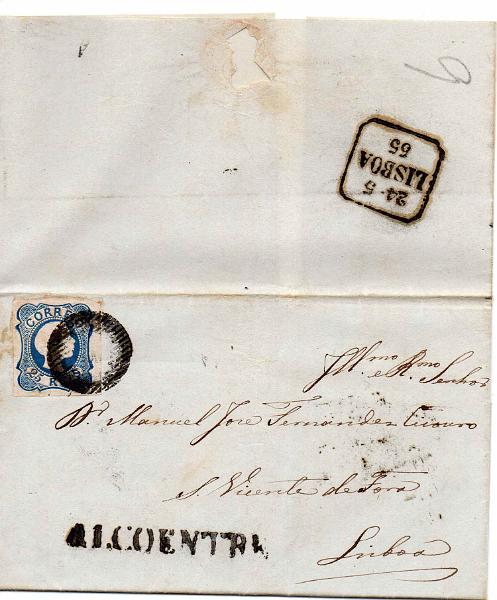 1444.jpg -     Lote:    1444            Portugal       Descrição:         Carimbos nominativos. 1855/56 &mdash; D. Pedro V. Cabelos lisos. CE6, 25 reis azul, cunho I em carta datada de Alcoentre para Lisboa (24.05.55). Carimbo a preto de ALCOENTRE.        Carta       Valor Base:     &euro; 15,00     Valor Venda:     &euro; 15,00     