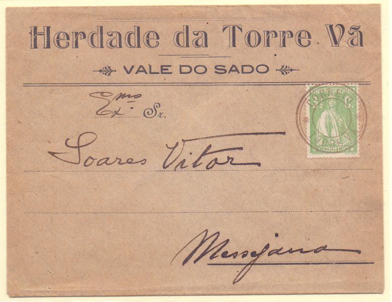 1447.jpg -     Lote:    1447            Portugal       Descrição:         Carimbos nominativos. 1917/20 &mdash; Ceres. Sobrescrito circulado de Torrevã para a Messejana, com selos de 3 &frac12; c CE225. Carimbo batido a sépia "CORREIO / TORREVÃ". Um de três exemplares conhecidos.        Carta       Valor Base:     &euro; 100,00     Valor Venda:     &euro; 550,00     
