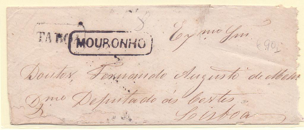 1448.jpg -     Lote:    1448            Portugal       Descrição:         Carimbos nominativos. 1867/70 &mdash; D. Luís I, fita curva, denteados. CE30, 25 reis carmim em sobrescrito circulado de Mouronho para Lisboa (16.06.69), com marcas batidas a preto "MOURONHO" e TABOA". B e R.        Carta       Valor Base:     &euro; 40,00     Valor Venda:     &euro; 40,00     