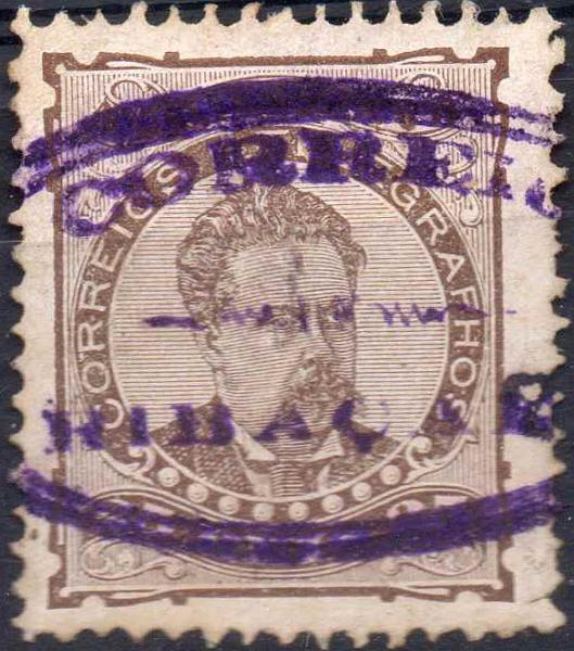 1449.jpg -     Lote:    1449            Portugal       Descrição:         Carimbos nominativos. 1882/83 &mdash; D. Luís I. De frente. CE57, 25 reis. Obliterado com carimbo batido a violeta "CORREIO / RIBAÇAL".        O       Valor Base:     &euro; 50,00     Valor Venda:     &euro; 180,00     