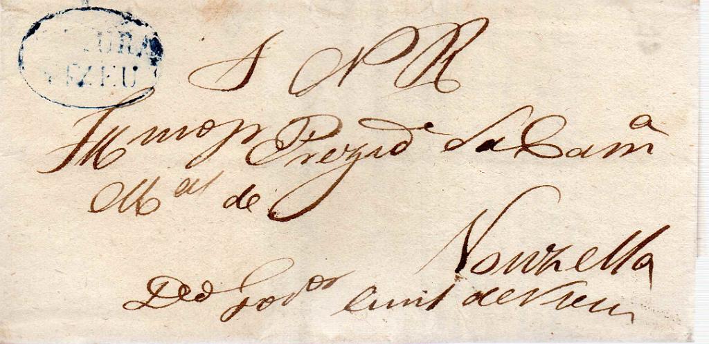 1463.jpg -     Lote:    1463            Portugal       Descrição:         Carimbos nominativos de registo. Carta remetida de Viseu (28.09.1855) para Vouzela, isenta de porte, com carimbo do período pré-adesivo "SEGURA / VISEU".        Carta       Valor Base:     &euro; 50,00     Valor Venda:     Retirado     