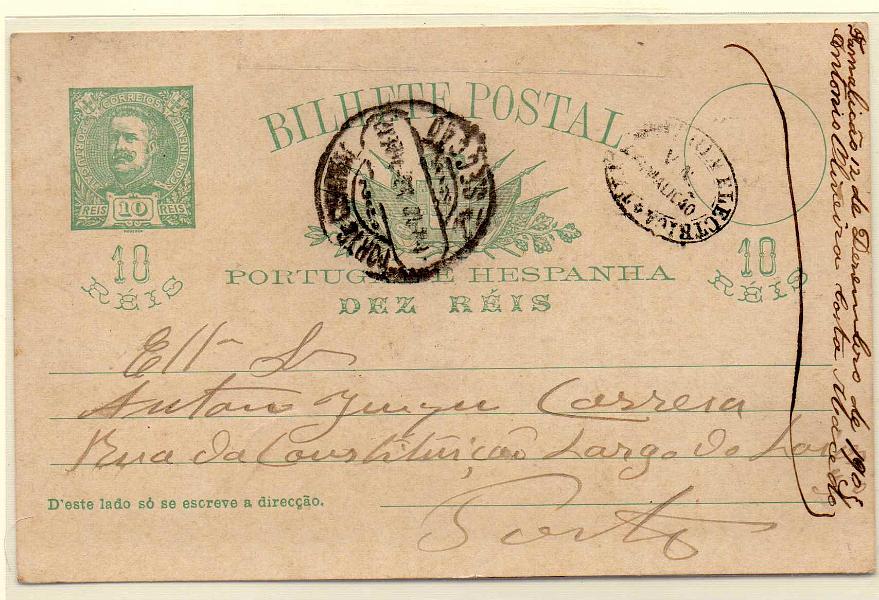1464.jpg -     Lote:    1464            Portugal       Descrição:         Carimbos da Telegrafia Eléctrica. 1896 &mdash; D. Carlos I Mouchon. OM23, 10 reis. Circulado de Famalicão (12.12.03) para o Porto. Carimbo batido a preto "TELEGRAPHIA ELECTRICA / V. N. FAMALICAO".        IC       Valor Base:     &euro; 20,00     Valor Venda:     Retirado     