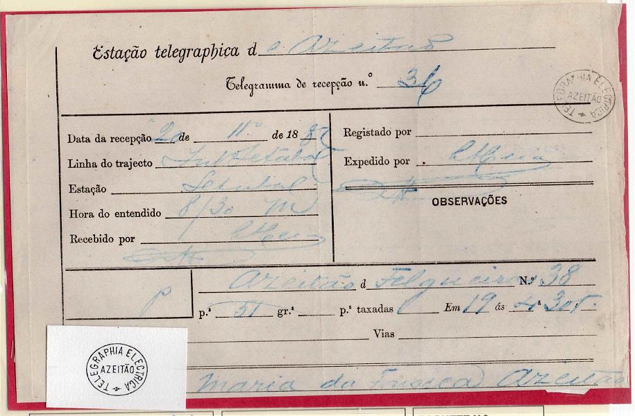1466.jpg -     Lote:    1466            Portugal       Descrição:         Carimbos da telegrafia elétrica. Telegrama datado de 20.11.82 de Setúbal para Azeitão, obliterado com carimbo batido a preto "TELEGRAPHIA ELÉCTRICA / AZEITÃO". Acompanha carimbo desenhado por Eduardo Silva.        TLG       Valor Base:     &euro; 15,00     Valor Venda:     &euro; 15,00     