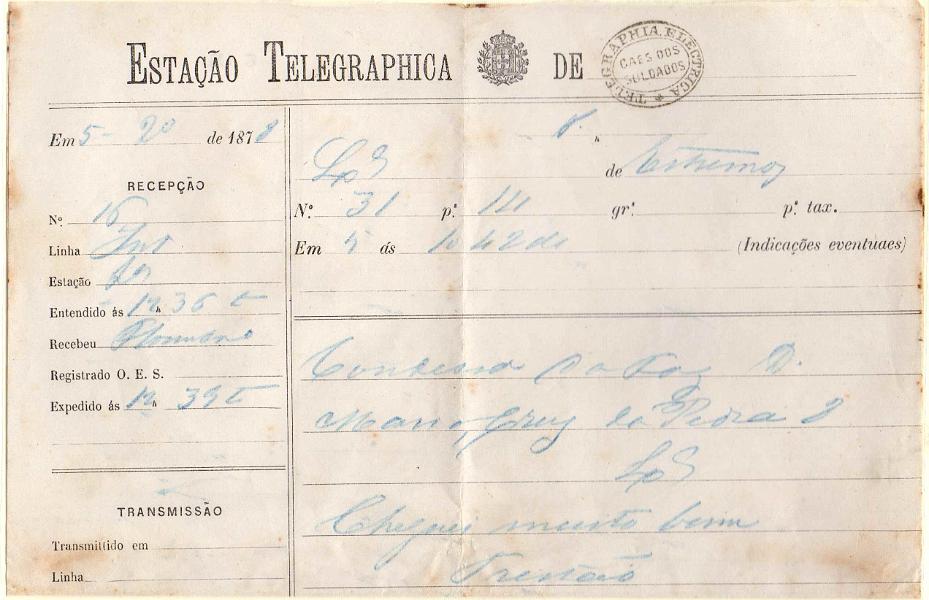 1468.jpg -     Lote:    1468            Portugal       Descrição:         Carimbos da telegrafia elétrica. Telegrama datado de 05.02.78 de Estremoz para Lisboa da Rainha, obliterado com carimbo batido a preto "TELEGRAPHIA ELÉCTRICA / CAES DOS SOLDADOS".         TLG       Valor Base:     &euro; 12,00     Valor Venda:     Retirado     
