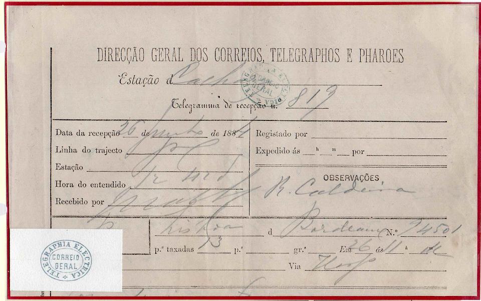 1469.jpg -     Lote:    1469            Portugal       Descrição:         Carimbos da telegrafia elétrica. Telegrama datado de 26.06.84 em Lisboa, obliterado com carimbo batido a verde-azul "TELEGRAPHIA ELÉCTRICA / CORREIO / GERAL". Acompanha carimbo desenhado por Eduardo Silva.        TLG       Valor Base:     &euro; 12,00     Valor Venda:     Retirado     