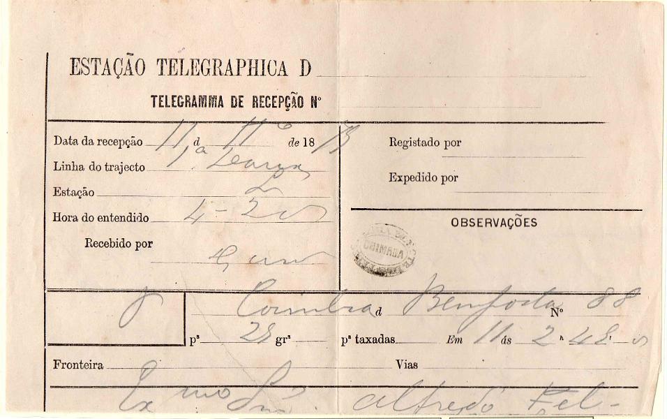 1470.jpg -     Lote:    1470            Portugal       Descrição:         Carimbos da telegrafia elétrica. Telegrama datado de 11.11.75 da Bemposta para Coimbra, obliterado com carimbo batido a preto "TELEGRAPHIA ELÉCTRICA / COIMBRA".        TLG       Valor Base:     &euro; 12,00     Valor Venda:     Retirado     