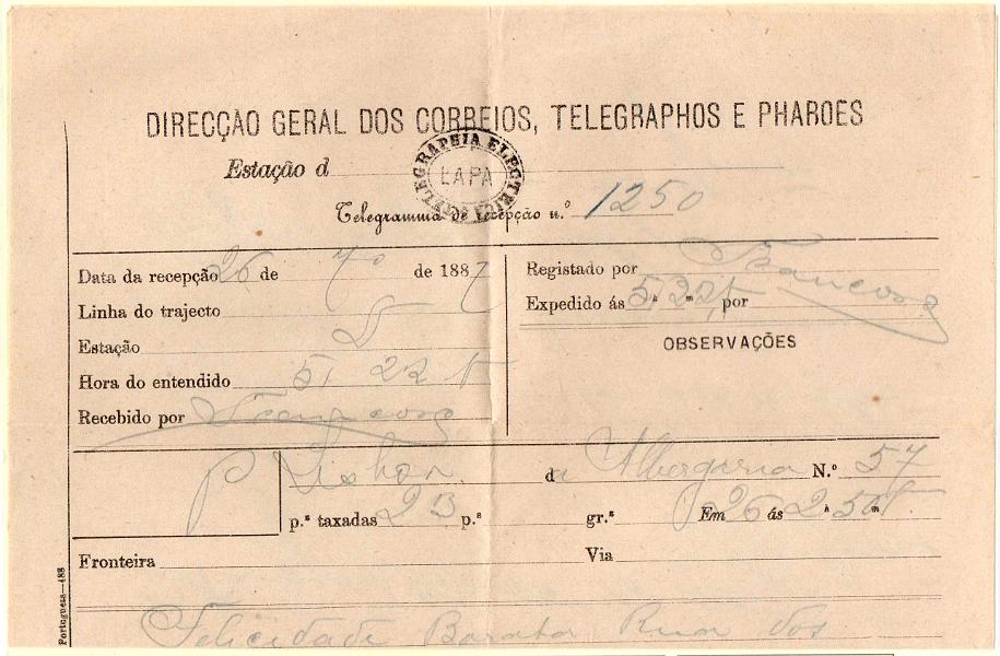1472.jpg -     Lote:    1472            Portugal       Descrição:         Carimbos da telegrafia elétrica. Telegrama datado de 26.05.87 de Albergaria para Lisboa, obliterado com carimbo batido a preto "TELEGRAPHIA ELÉCTRICA / LAPA".         TLG       Valor Base:     &euro; 10,00     Valor Venda:     Retirado     