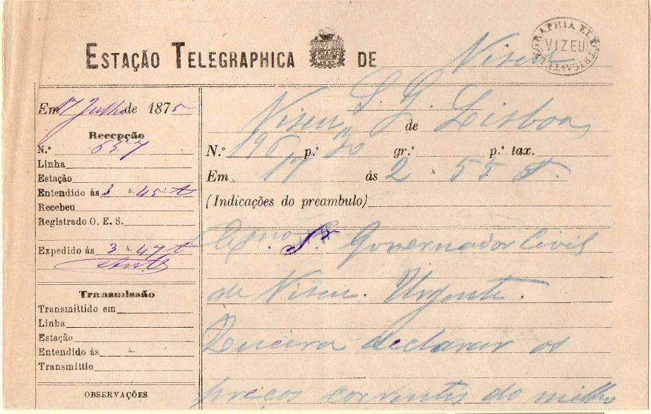 1474.jpg -     Lote:    1474            Portugal       Descrição:         Carimbos da telegrafia elétrica. Telegrama datado de 17.07.75 de Lisboa para Viseu, obliterado com carimbo batido a preto "TELEGRAPHIA ELÉCTRICA / VIZEU".         TLG       Valor Base:     &euro; 12,00     Valor Venda:     Retirado     