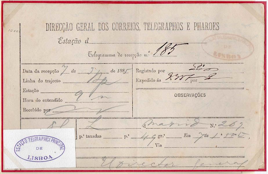 1475.jpg -     Lote:    1475            Portugal       Descrição:         Carimbos da telegrafia elétrica. Lote com quatro telegramas obliterados com carimbos: "ESTAÇÃO TELEGRAPHO-POSTAL / CALHARIZ" a violeta + "ESTAÇÃO TELEGRAPHICA PRINCIPAL / DE / LISBOA" a violeta e preto + "TELEGRAPHO / LISBOA" a preto. Um desenho de Eduardo Silva.        Lote       Valor Base:     &euro; 8,00     Valor Venda:     Retirado     