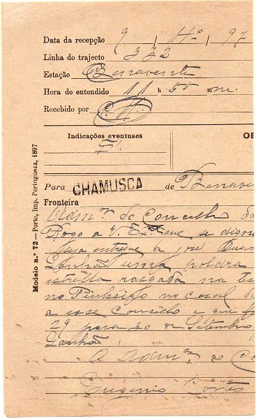 1476.jpg -     Lote:    1476            Portugal       Descrição:         Carimbos da telegrafia elétrica. Telegrama datado de 09.04.97 de Benavente para a Chamusca, obliterado com carimbo nominativo batido a preto "CHAMUSCA".         TLG       Valor Base:     &euro; 12,00     Valor Venda:     &euro; 12,00     