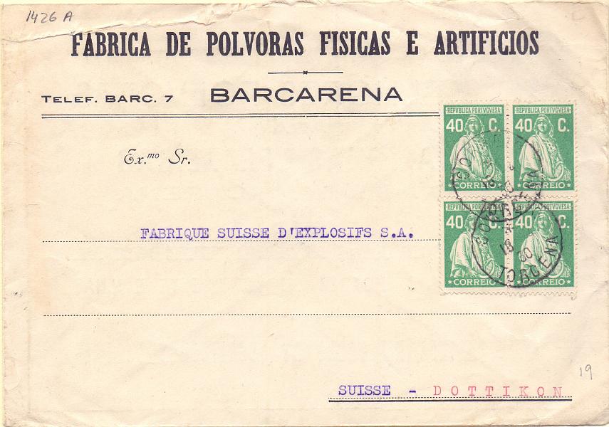1479.jpg -     Lote:    1479            Portugal       Descrição:         Carimbos tipo francês. 1926 &mdash; Ceres, Emissão Londres. CE406, 40c. Quadra em sobrescrito circulado de Torcena (18.04.30) para a Suíça. Carimbo batido a preto "TORCENA".        Carta       Valor Base:     &euro; 20,00     Valor Venda:     &euro; 26,00     