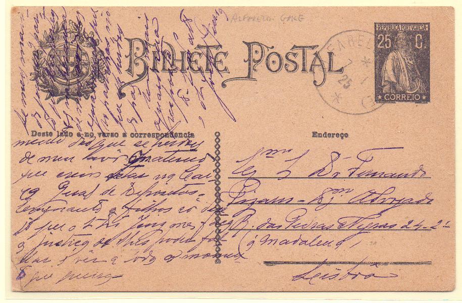 1481.jpg -     Lote:    1481            Portugal       Descrição:         Carimbos tipo francês. 1924/26 &mdash; Ceres. OM74b. Circulado Alfarelos (07.01.26) para Lisboa. Carimbo batido a preto "ALFARELOS (GARE)"        IC       Valor Base:     &euro; 20,00     Valor Venda:     &euro; 46,00     