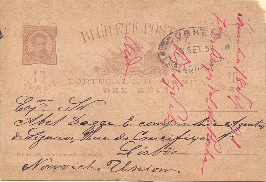1482.jpg -     Lote:    1482            Portugal       Descrição:         Carimbos de dupla oval. 1884/87 &mdash; D. Luís I de frente. OM9, 10 reis, Circulado da Lourinhã (18.09.91) para Lisboa. Carimbo batido a preto "CORREIO / DA LOURINHÃ".        IC       Valor Base:     &euro; 8,00     Valor Venda:     Retirado     