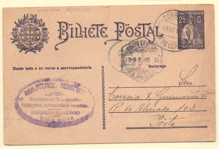 1484.jpg -     Lote:    1484            Portugal       Descrição:         Carimbos da Posta Rural. 1924/26 &mdash; Ceres. OM74b. Circulado de Vila Nova (18.09.25) para o Porto, com trânsito por Miranda do Corvo. Carimbo "P. R:" batido a verde. B e R.        IC       Valor Base:     &euro; 30,00     Valor Venda:     &euro; 75,00     