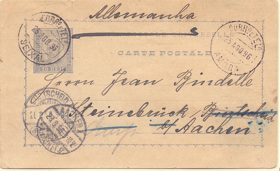 1487.jpg -     Lote:    1487            Portugal       Descrição:         Carimbos circulares datados, tipo 1880. 1892/95 &mdash; D. Carlos I tipo Mouchon. OM14, 20 reis. Circulado de Amora (25.08.96) para a Alemanha (28.08.96), com trânsito por Seixal. Carimbos batidos a preto de "AMORA" e "SEIXAL".        IC       Valor Base:     &euro; 20,00     Valor Venda:     &euro; 20,00     