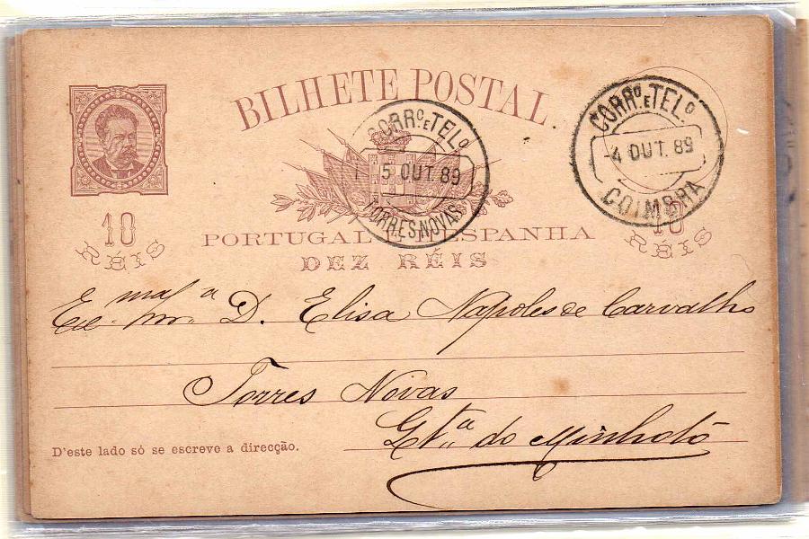 1489.jpg -     Lote:    1489            Portugal       Descrição:         Carimbos circulares datados, tipo 1880. Lote com 10 inteiros postais tipo D. Luís I de frente e D. Carlos I Mouchon, obliterados com carimbos batidos a preto: VILA NOVA DE FOSCOA, ESTREMOZ, TORRES NOVAS, FIGEURÓ DOS VINHOS, S. PEDRO DO SUL, MONÇÃO, SANTARÉM, VILLA POUCA DE AGUIAR, VINHAES e BOUGADO.        Lote       Valor Base:     &euro; 10,00     Valor Venda:     &euro; 10,00     