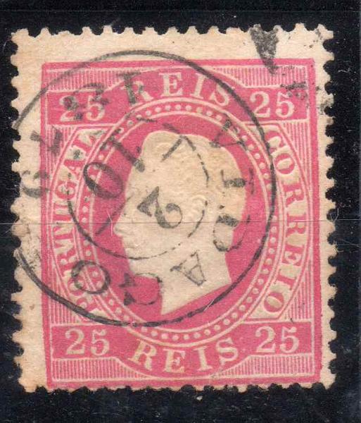 1490.jpg -     Lote:    1490            Portugal       Descrição:         Carimbos circulares datados tipo 1842. 1870/76 &mdash; D. Luís I. Fita direita. Selo com carimbo batido a preto "VIDAGO". Raro.        O       Valor Base:     &euro; 12,00     Valor Venda:     &euro; 40,00     