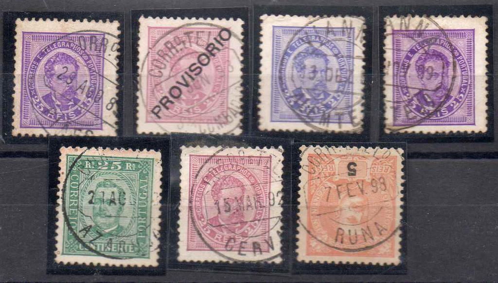 1491.jpg -     Lote:    1491            Portugal       Descrição:         Carimbos circulares datados, tipo 1880. Lote com 7 selos D. Luís I, de frente e D. Carlos I Mouchon, obliterados com carimbos batidos a preto de "PIÃES, S.TA COMBADÃO, VIANNA / ALEMTEJO, AZARUJA, CERVA e RUNA".        Lote       Valor Base:     &euro; 15,00     Valor Venda:     &euro; 15,00     