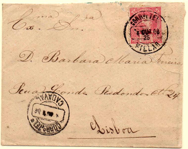 1494.jpg -     Lote:    1494            Portugal       Descrição:         Carimbo circulares datados tipo 1882. 1898 &mdash; D. Carlos I Mouchon. OM141, 25 reis em carta circulada de Vilar (04.10.08) para Lisboa, com trânsito pelo Cadaval (04.10.08). Carimbos de VILLAR e CADAVAL.        Carta       Valor Base:     &euro; 10,00     Valor Venda:     &euro; 10,00     