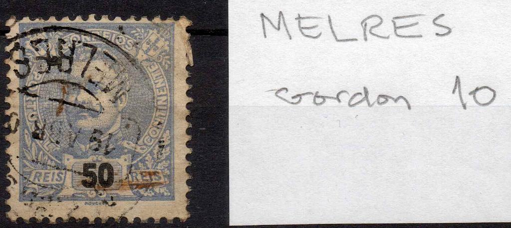 1495.jpg -     Lote:    1495            Portugal       Descrição:         Carimbos circulares datados tipo 1882. 1895 &mdash; D. Carlos Mouchon. CE132, 50 reis obliterado com carimbo a preto "MELRES".        O       Valor Base:     &euro; 8,00     Valor Venda:     &euro; 28,00     