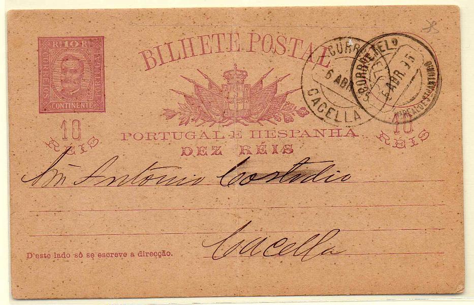 1496.jpg -     Lote:    1496            Portugal       Descrição:         Carimbos circulares datados tipo 1882. 1892/95 &mdash; D. Carlos I tipo Diogo Neto. OM1313, 10 reis. Circulado de Vila Real St. António (06.04.95) para Cacela (06.04.95). Carimbo batido a preto "CACELLA". MB e MR.        IC       Valor Base:     &euro; 20,00     Valor Venda:     &euro; 30,00     