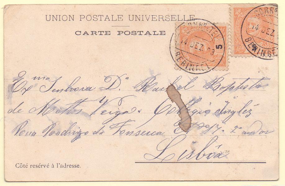 1497.jpg -     Lote:    1497            Portugal       Descrição:         Carimbos circulares datados, tipo 1882. 1896 &mdash; D. Carlos I Mouchon. CE127, 5 reis. Dois selos, em postal ilustrado, circulado de Beringel (14.12.03) para Lisboa. Carimbo batido a preto de "BERINGEL".        PI       Valor Base:     &euro; 15,00     Valor Venda:     &euro; 15,00     