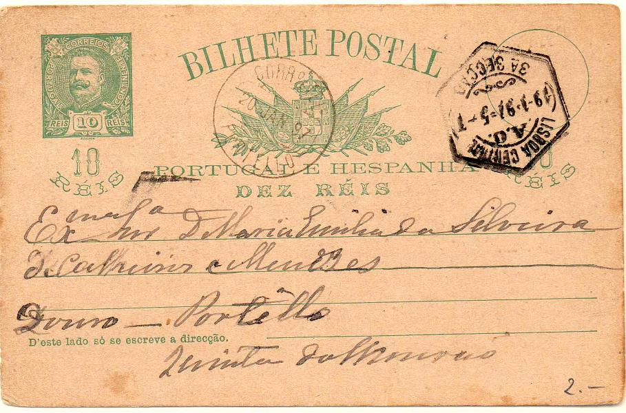 1498.jpg -     Lote:    1498            Portugal       Descrição:         Carimbos circulares datados, tipo 1880. 1896 &mdash; D. Carlos I Mouchon. OM23, 10 reis. Circulado de Lisboa (19.01.97) para Portelo (20.01.97). Carimbo batido a preto de "PORTELLO".        IC       Valor Base:     &euro; 12,00     Valor Venda:     &euro; 12,00     