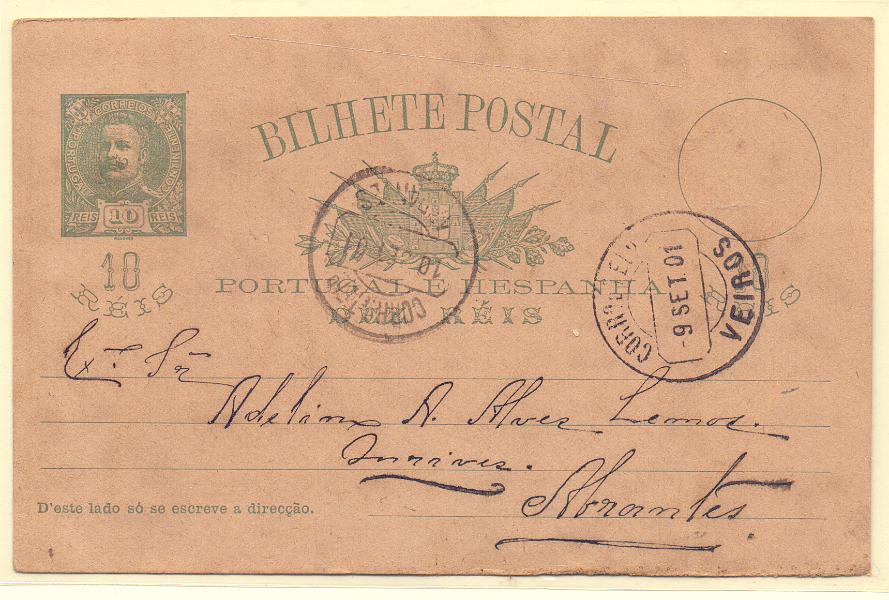 1501.jpg -     Lote:    1501            Portugal       Descrição:         Carimbos circulares datados, tipo 1882. 1896 &mdash; D. Carlos I Mouchon. OM23, 10 reis. Circulado de Veiros (09.09.01) para Abrantes. Carimbo batido a preto de "VEIROS"         IC       Valor Base:     &euro; 12,00     Valor Venda:     &euro; 30,00     