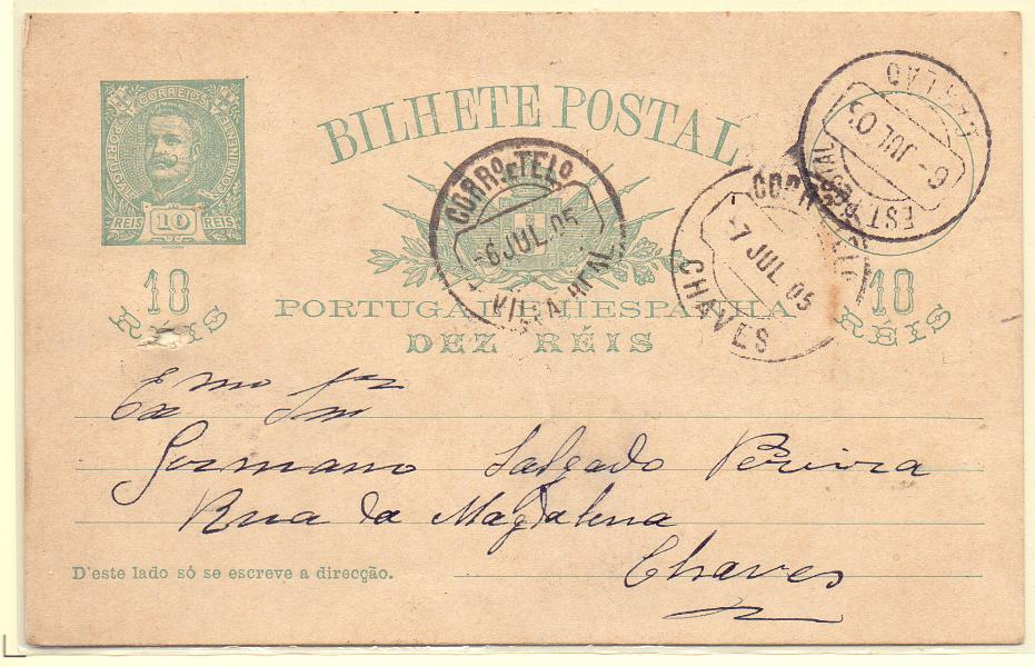 1505.jpg -     Lote:    1505            Portugal       Descrição:         Carimbos circulares datados, tipo 1882. 1896 &mdash; D. Carlos I Mouchon. OM23, 10 reis. Circulado de Carlão (06.07.05) para Chaves por Vila Real. Carimbo batido a preto de "EST. POSTAL / CARLÃO".        IC       Valor Base:     &euro; 20,00     Valor Venda:     &euro; 22,00     