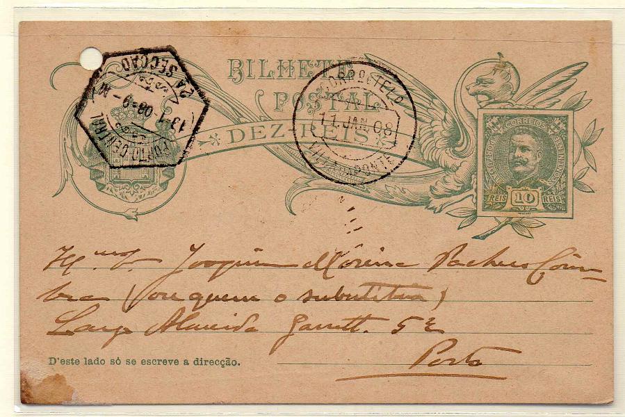 1506.jpg -     Lote:    1506            Portugal       Descrição:         Carimbos circulares datados tipo 1882. 1907 &mdash; D. Carlos I Mouchon. OM42, 10 reis, circulado de Vila da Ponte (11.01.08) para o Porto (13.01.08). Carimbo batido a preto de VILLA DA PONTE. Furo de arquivo.        IC       Valor Base:     &euro; 20,00     Valor Venda:     &euro; 20,00     