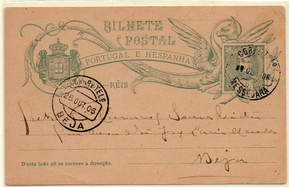 1507.jpg -     Lote:    1507            Portugal       Descrição:         Carimbos circulares datados tipo 1882. 1907 &mdash; d. CARLOS i Mouchon. OM42, 10 reis, circulado da Messejana para Beja (26.10.06). Carimbo batido a preto "MESSEJANA".        IC       Valor Base:     &euro; 8,00     Valor Venda:     &euro; 8,00     