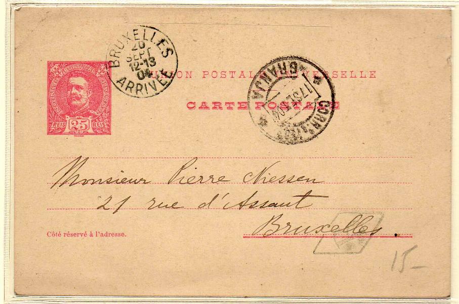 1509.jpg -     Lote:    1509            Portugal       Descrição:         Carimbos circulares datados, tipo 1882.1900/04 &mdash; D. Carlos I Mouchon. OM36, 25 reis. Circulado da Granja (17.09.04) para a Bélgica. Carimbo batido a preto de "GRANJA".        IC       Valor Base:     &euro; 8,00     Valor Venda:     &euro; 8,00     