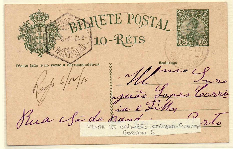 1511.jpg -     Lote:    1511            Portugal       Descrição:         Carimbos circulares datados tipo 1882. 1910 &mdash; D. Manuel II. OM52, 10 reis. Circulado da Venda de Galizes (02.12.10) para o Porto. Carimbo a preto "VENDA DE GALLIZES".        IC       Valor Base:     &euro; 10,00     Valor Venda:     &euro; 32,00     