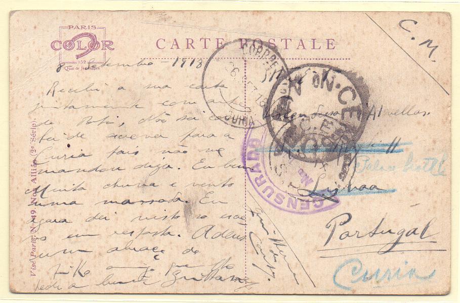 1534.jpg -     Lote:    1534            Portugal       Descrição:         Carimbos circulares datados, tipo 1882. Postal ilustrado circulado isento de franquia de França (08.09.18) para PALACE HOTEL &mdash; CURIA (26.09.18). Carimbo batido a preto de "PALACE HOTEL - CURIA".        PI       Valor Base:     &euro; 10,00     Valor Venda:     Retirado     