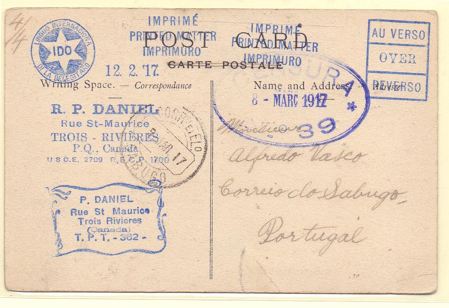1535.jpg -     Lote:    1535            Portugal       Descrição:         Carimbos circulares datados, tipo 1882. Postal ilustrado circulado Do Canadá para Sabugo (09.03.17). Carimbo batido a preto de "SABUGO".        PI       Valor Base:     &euro; 10,00     Valor Venda:     Retirado     