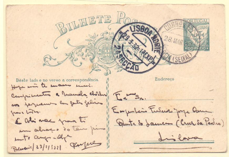 1536.jpg -     Lote:    1536            Portugal       Descrição:         Carimbos circulares datados, tipo 1882. 191931 - Lusíadas. OM79. Circulado de Aldeia (28.03.32)  (16.03.25) para Lisboa. Carimbo batido a preto do "ALDEIA (SEIXAL)".        IC       Valor Base:     &euro; 12,00     Valor Venda:     Retirado     