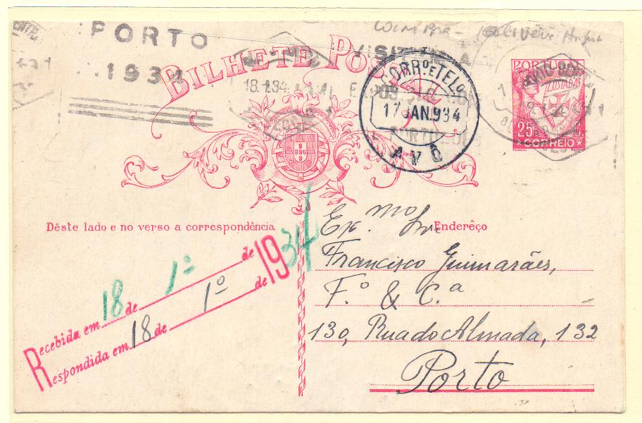 1537.jpg -     Lote:    1537            Portugal       Descrição:         Carimbos circulares datados tipo 1880. 1931 &mdash; Lusíadas. OM80, 25c carmim. Circulado de Avô (17.01.34) para o Porto. Carimbo batido a preto de "AVÔ".        IC       Valor Base:     &euro; 10,00     Valor Venda:     Retirado     