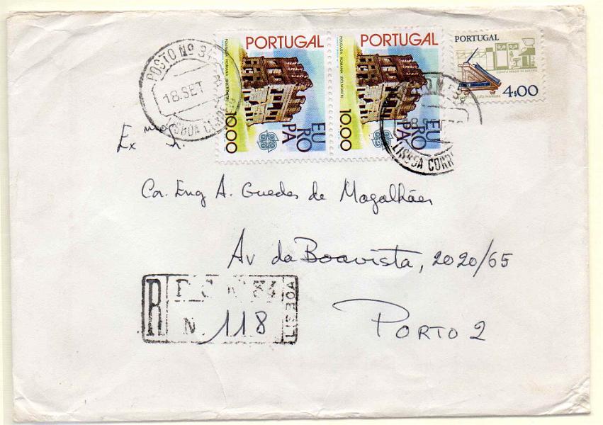 1538.jpg -     Lote:    1538            Portugal       Descrição:         Postos particulares de correio. Sobrescrito circulado registado com selos CE1362 e par CE1390 de Lisboa (18.09.78) para o Porto. Carimbos obliterador e de registo do "P.C. N.º 34", batidos a preto.        Carta       Valor Base:     &euro; 25,00     Valor Venda:     Retirado     