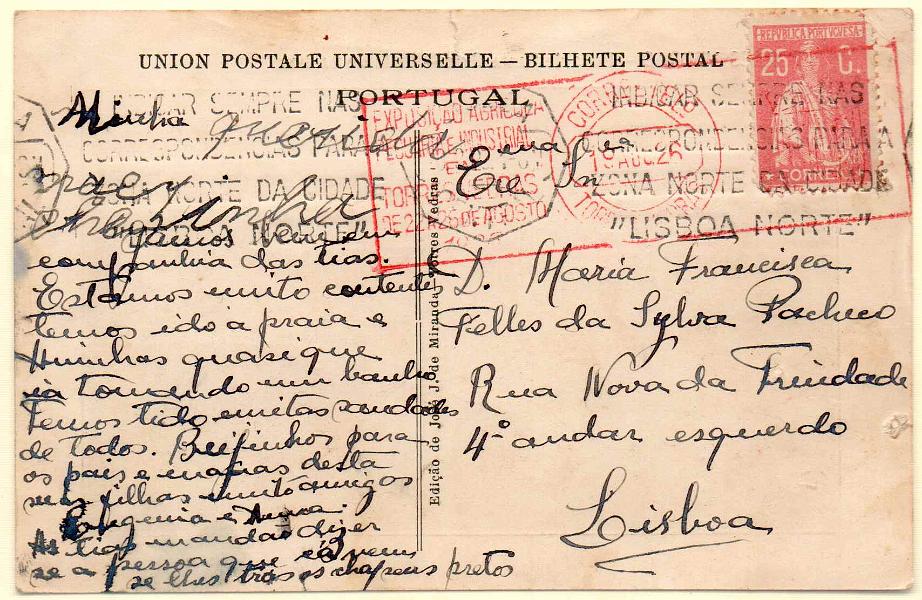1539.jpg -     Lote:    1539            Portugal       Descrição:         Carimbos publicitários. 1923 &mdash; Ceres. Postal ilustrado circulado de Torres Vedras (19.04.26) para Lisboa, com selo de 25c CE255, obliterado com carimbo batido a vermelho da Exposição Agrícola. MB.        PI       Valor Base:     &euro; 8,00     Valor Venda:     &euro; 12,00     