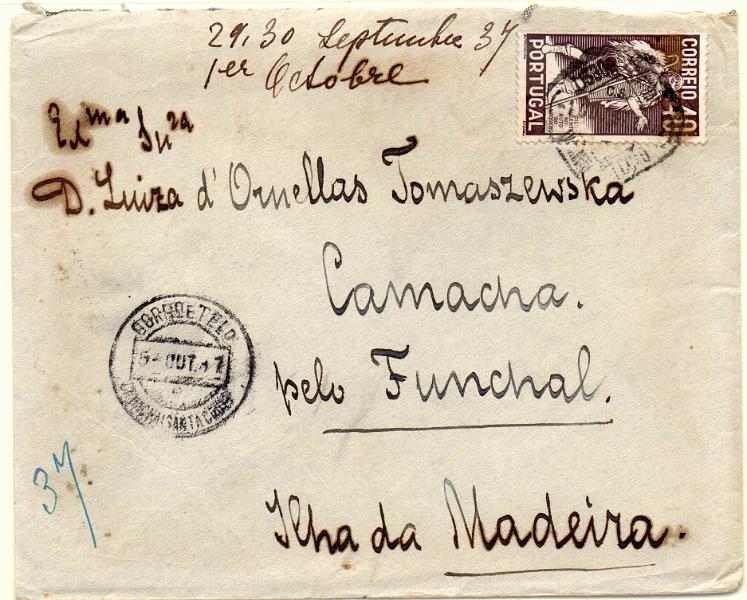 1546.jpg -     Lote:    1546            Madeira       Descrição:         Carimbos circulares datados. 1937 &mdash; 4.º Centenário da Morte de Gil Vicente. CE577, $40, em sobrescrito circulado de Lisboa (01.10.37) para Camacha (05.10.37). Carimbo batido a preto de "CAMACHA (SANTA CRUZ). MR.        Carta       Valor Base:     &euro; 30,00     Valor Venda:     &euro; 110,00     