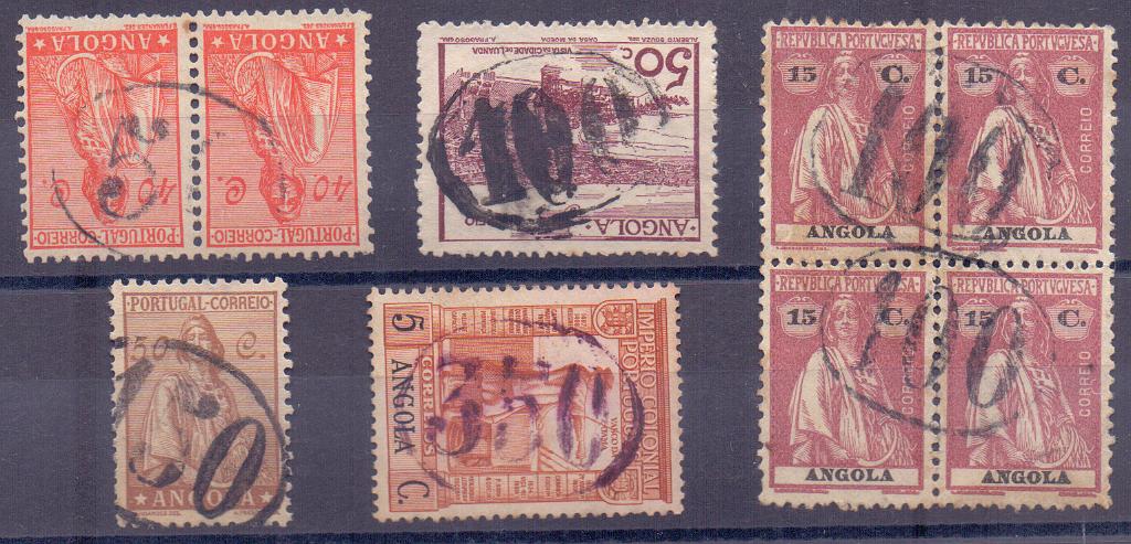 1550.jpg -     Lote:    1550            Angola       Descrição:         Carimbos numéricos volantes. Lote composto por 3 selos simples, um par e uma quadra, obliterados com carimbos numéricos a preto e violeta "50", "100", "150" e "350".        Lote       Valor Base:     &euro; 8,00     Valor Venda:     &euro; 14,00     