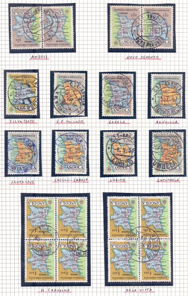 1555.jpg -     Lote:    1555            Angola       Descrição:         Angola. Estudo de marcofilia montado em 5 folhas de exposição com dezenas de marcas sobre selos da emissão Carta Geográfica de Angola. Marcas geralmente bem batidas e algumas invulgares. Lote a ver.        Lote       Valor Base:     &euro; 15,00     Valor Venda:     &euro; 15,00     