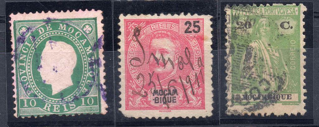 1561.jpg -     Lote:    1561            Moçambique       Descrição:         Moçambique. Marcofilia diversa &mdash; Lote composto por 3 selos: um tipo D. Luís I de 10 reis com carimbo mudo, batido a violeta + 25 reis D. Carlos I Mouchon com manuscrito "IMALA"  + Ceres de 20c com carimbo numérico batido a preto "10".        O       Valor Base:     &euro; 15,00     Valor Venda:     Retirado     