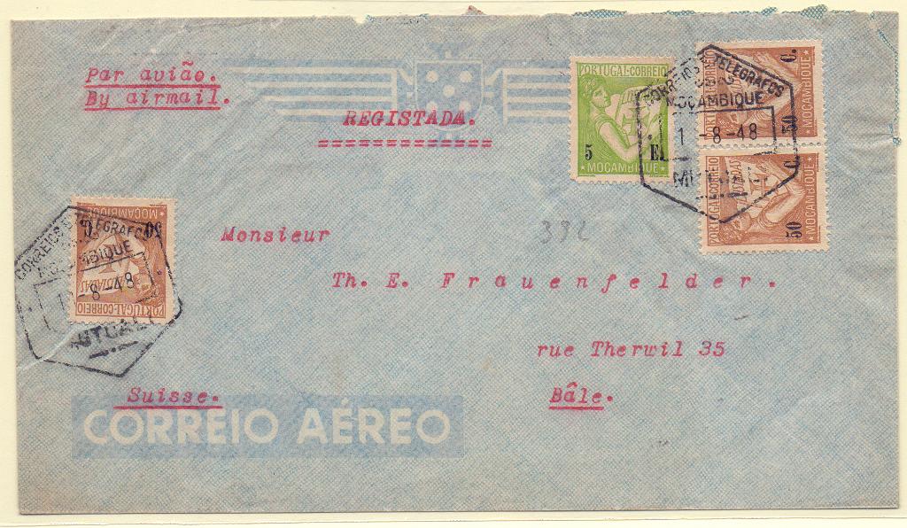 1565.jpg -     Lote:    1565            Moçambique       Descrição:         Carimbos hexagonais. 1933 &mdash; Lusíadas. CE278, 50C castanho (3) + CE286 5E verde, em sobrescrito circulado por via aérea, remetido de Mutuali (01.08.48) para a Suíça, com trânsito pelo Lumbo (13.08.48). Carimbos batidos a preto de MUTUALI e LUMBO.        Carta       Valor Base:     &euro; 10,00     Valor Venda:     &euro; 10,00     