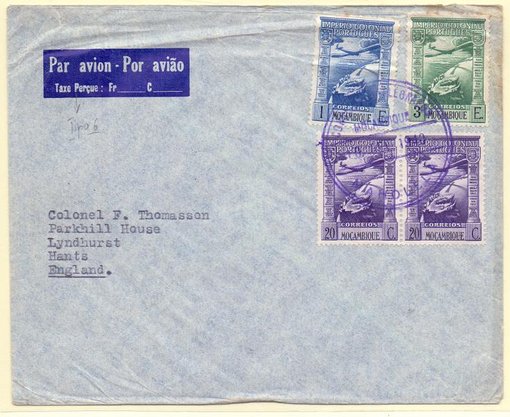 1566.jpg -     Lote:    1566            Moçambique       Descrição:         Carimbos circulares. 1938 &mdash; Império Colonial Português * Correio Aéreo. Sobrescrito circulado de Maholela (10.02.40) para Inglaterra, com selos de 20c (par), 1E e 3E, CE CA2, 4 e 6. Carimbo batido a violeta "CORREIO E TELEGRAFOS / MOÇAMBIQUE / MAHOLELA". MB e R.        Carta       Valor Base:     &euro; 20,00     Valor Venda:     Retirado     