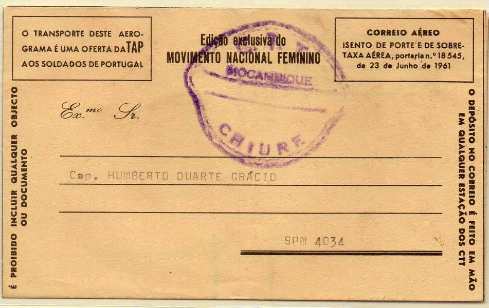 1576.jpg -     Lote:    1576            Moçambique       Descrição:         Carimbos circulares de borracha. Aerograma circulado de Chiure para Namapa (05.11.68) com carimbo batido a violeta de "CHIURE) e no verso a preto de "NAMAPA".        ARG       Valor Base:     &euro; 103,00     Valor Venda:     Retirado     