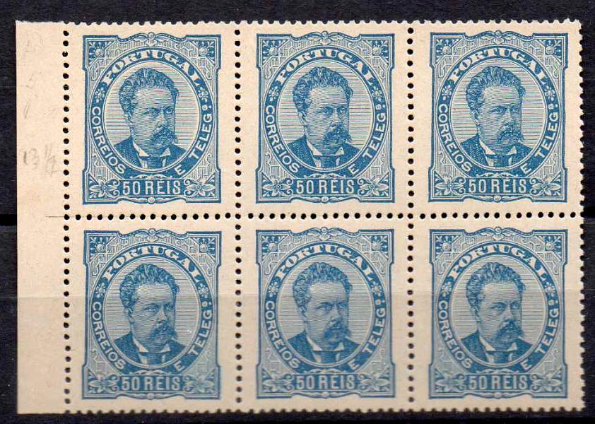 1638.jpg -     Lote:    1638            Portugal       Descrição:         Reimpressões de 1905. 1882/83 &mdash; D. Luís I, de frente. CE58, 50 reis azul, denteado 13 &frac12;. Bloco com seis reimpressões. MB e MR. Valor de catálogo &euro; 300,00.        R***       Valor Base:     &euro; 40,00     Valor Venda:     Retirado     
