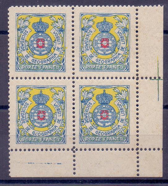 1640.jpg -     Lote:    1640            Portugal       Descrição:         Reimpressões de 1933. 1903 &mdash; Porte Franco. Sociedade de Geografia de Lisboa. Emblema da Sociedade, com coroa Real. CE SGL2. Quadra de reimpressões, canto de folha. Valor de catálogo &euro; 200,00.        R***       Valor Base:     &euro; 20,00     Valor Venda:     Retirado     